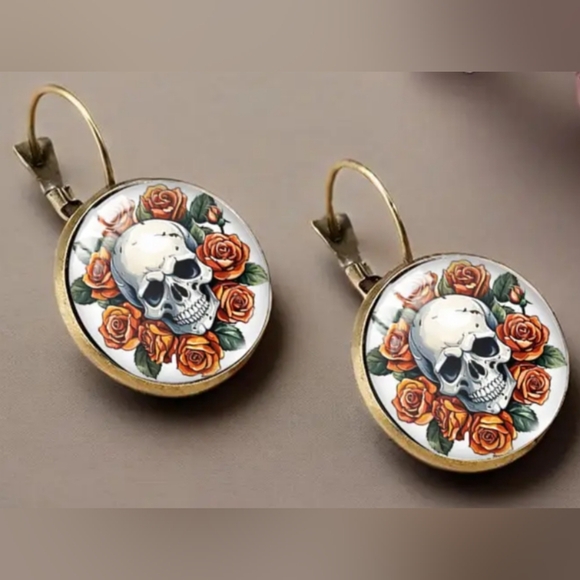 Whimsigoth earrings Fairycore Goth Skull Gold Rose Snapback - Picture 3 of 4